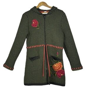 CAbi Embroidered Sweater Cardigan Size M Wool Blend Floral Hooded Y2K Boho Green